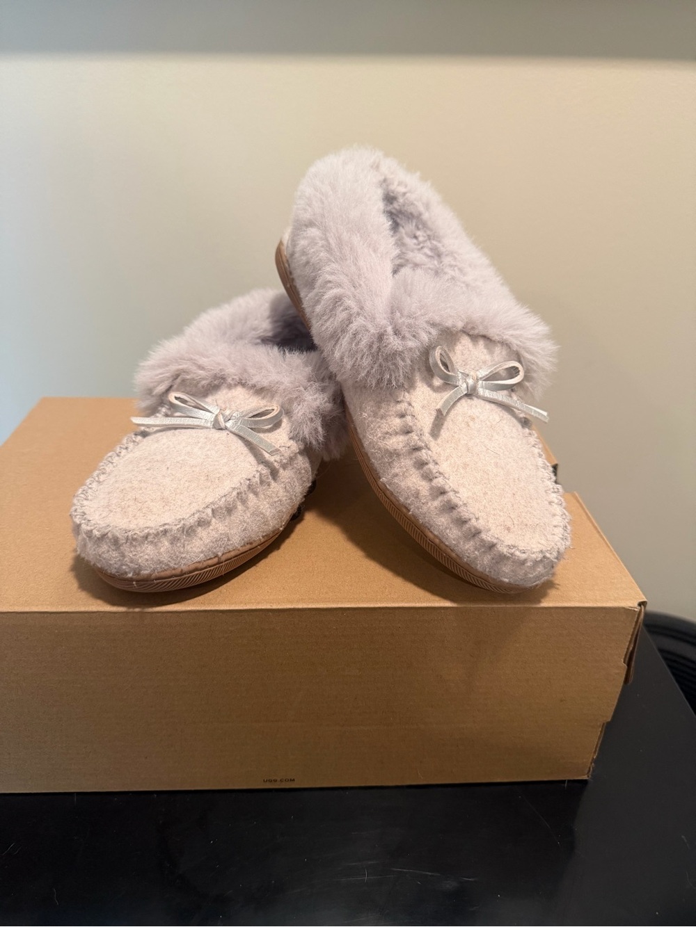 J. Crew Factory Light Gray Faux-Fur Moccasin Slippers